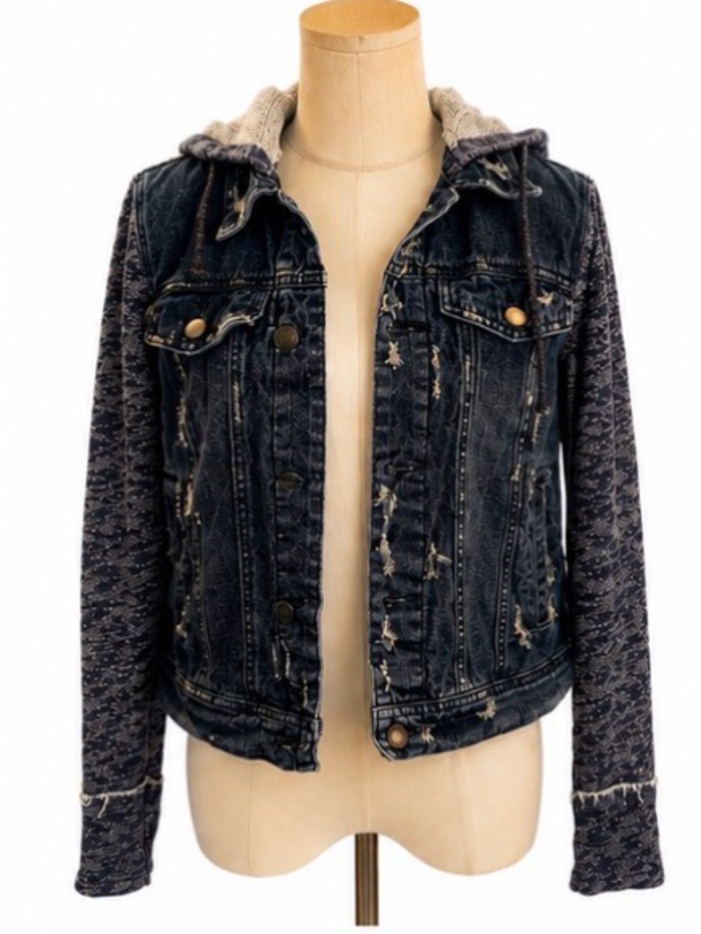 Free People Hooded Denim Jacket Distressed Jean Jacket with Knit Sleeves Small